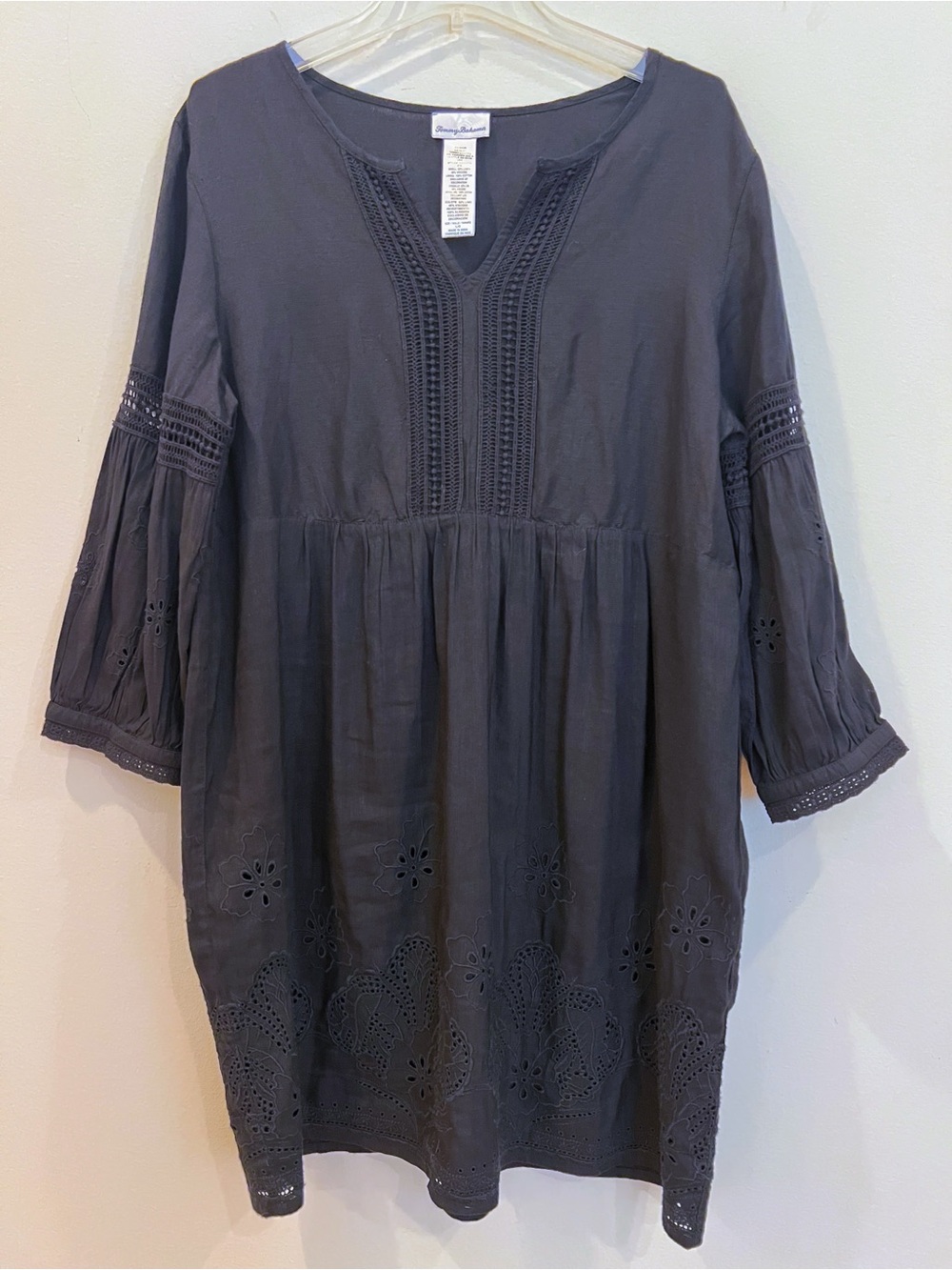 Tommy Bahama Lucia Dress Womens Large Black Linen Blend Embroidered Cottage - Picture 2 of 16